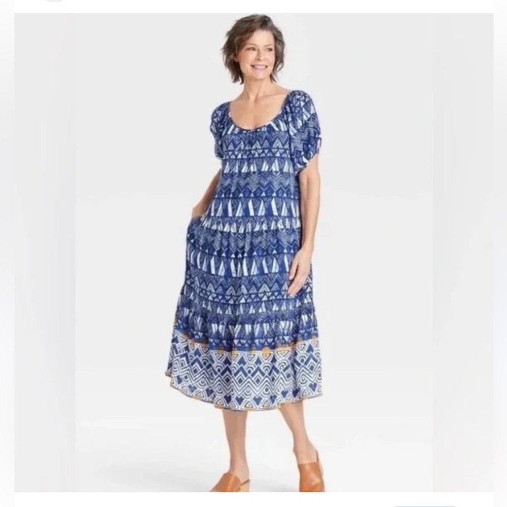 Knox Rose Blue and White Geometric artistic Maxi Dress size 2x